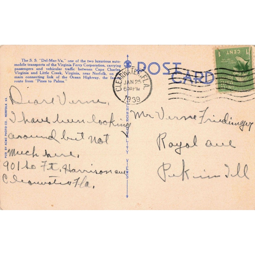 SS Del-Mar-Va Virginia Ferry Corp Little Creek Cape Charles VA Linen Postcard - Picture 2 of 2